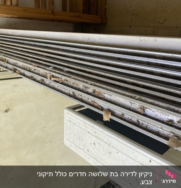 עלים יבשים ולכלוך על תריסים מלוכלכים